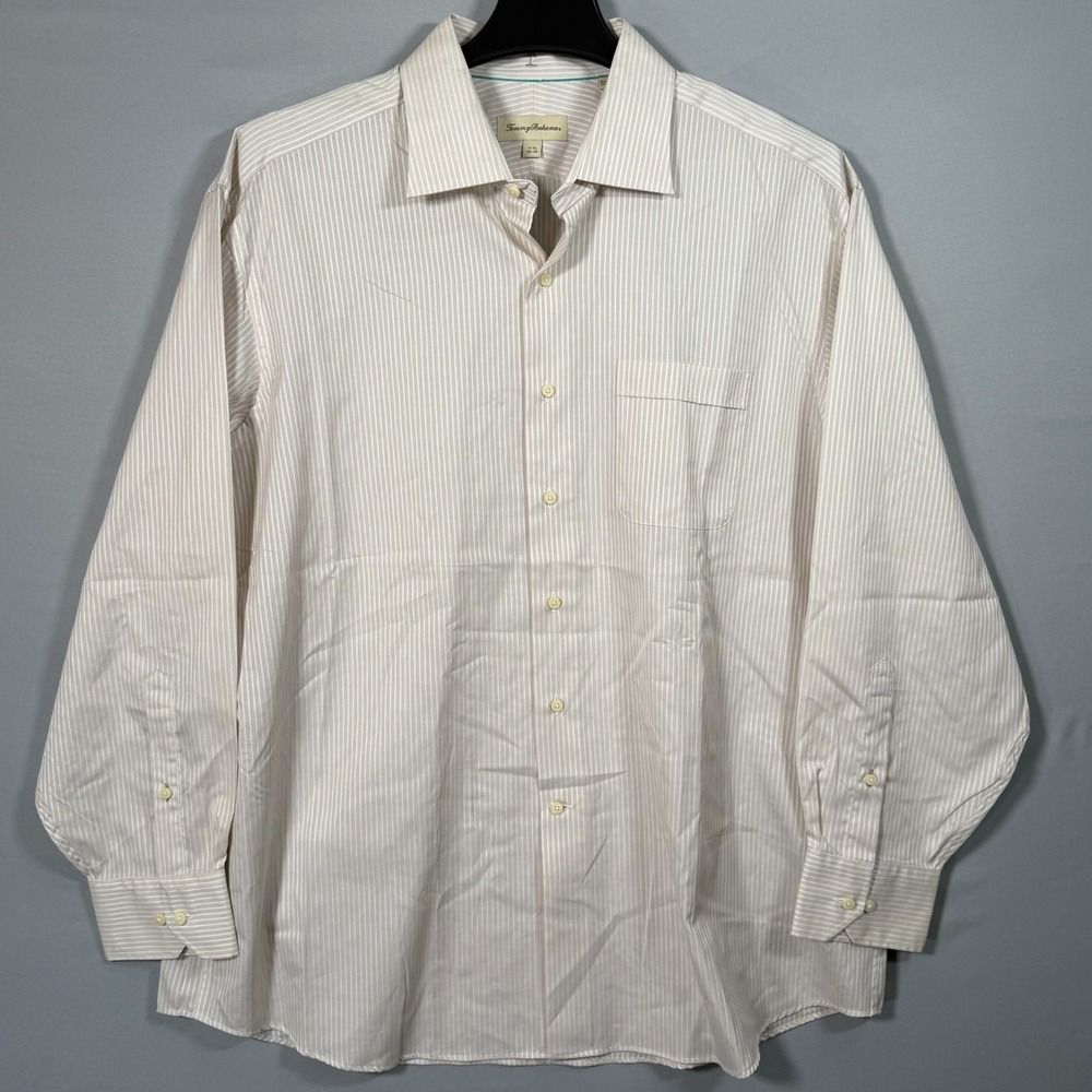 Tommy Bahama Shirt Men XL‎ 17 x 34/35 Long Sleeve Tan white Stripe Cotton Classy